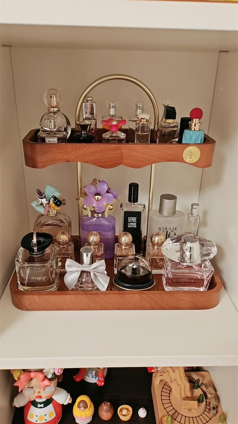 Luxury Two-Tier Vanity Organizer - Wood & Brass Beauty Storage Tray