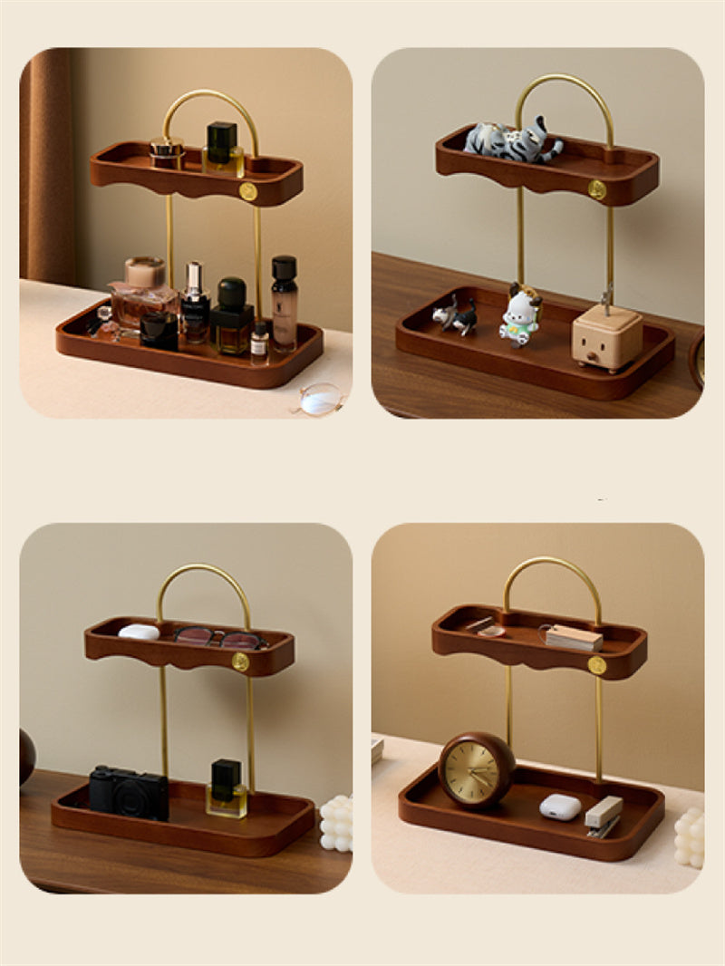 Luxury Two-Tier Vanity Organizer - Wood & Brass Beauty Storage Tray