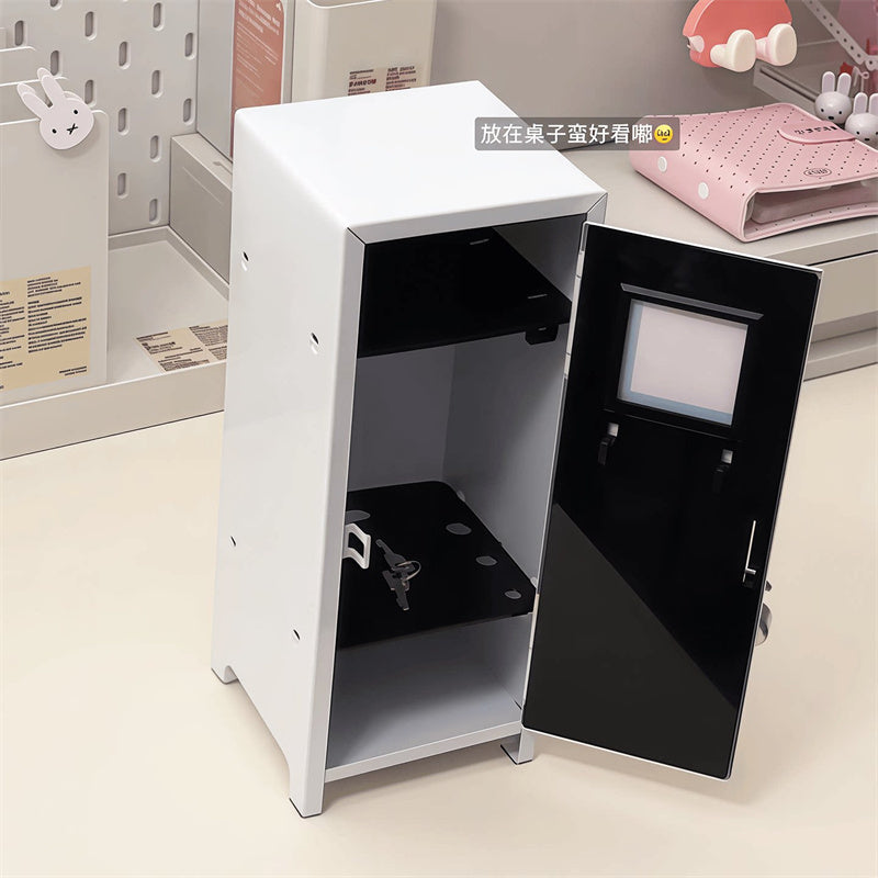 Mini Metal Locker Desktop Storage Cabinet, Small Lockable Metal Locker Box with Lock, Multi‑Tier Inner Shelf, Tabletop Safe Organizer for Stationery, Trinkets, Private Small Belongings