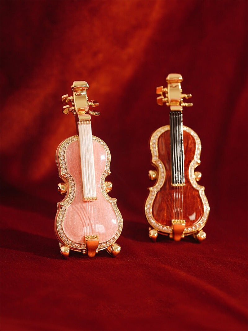 Mini Violin-Shaped Enamel Jewelry Box - Crystal-Embellished Trinket Box for Rings, Necklaces & Small Accessories