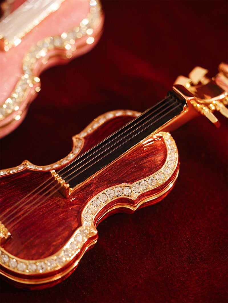 Mini Violin-Shaped Enamel Jewelry Box - Crystal-Embellished Trinket Box for Rings, Necklaces & Small Accessories