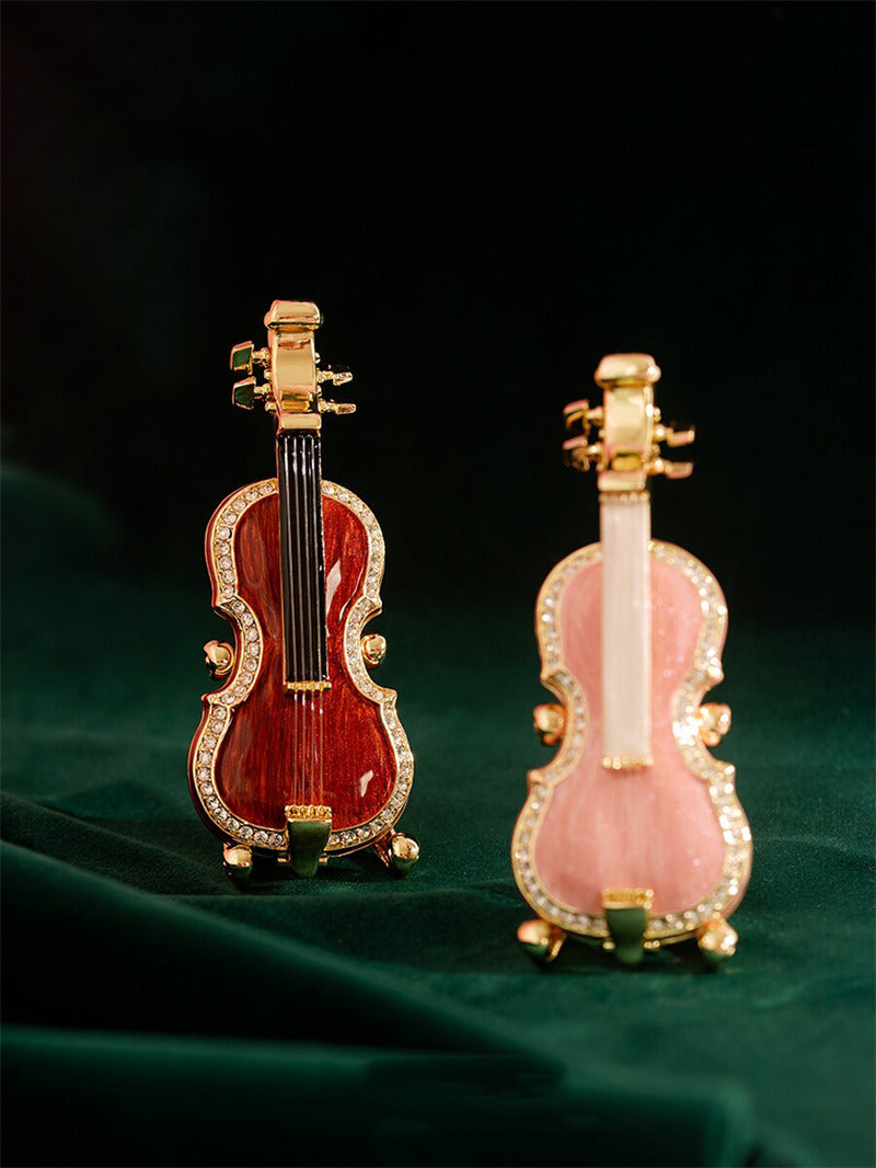 Mini Violin-Shaped Enamel Jewelry Box - Crystal-Embellished Trinket Box for Rings, Necklaces & Small Accessories