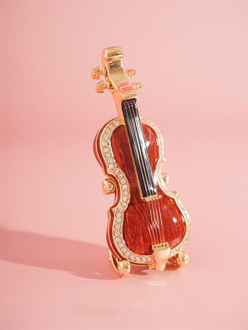 Mini Violin-Shaped Enamel Jewelry Box - Crystal-Embellished Trinket Box for Rings, Necklaces & Small Accessories
