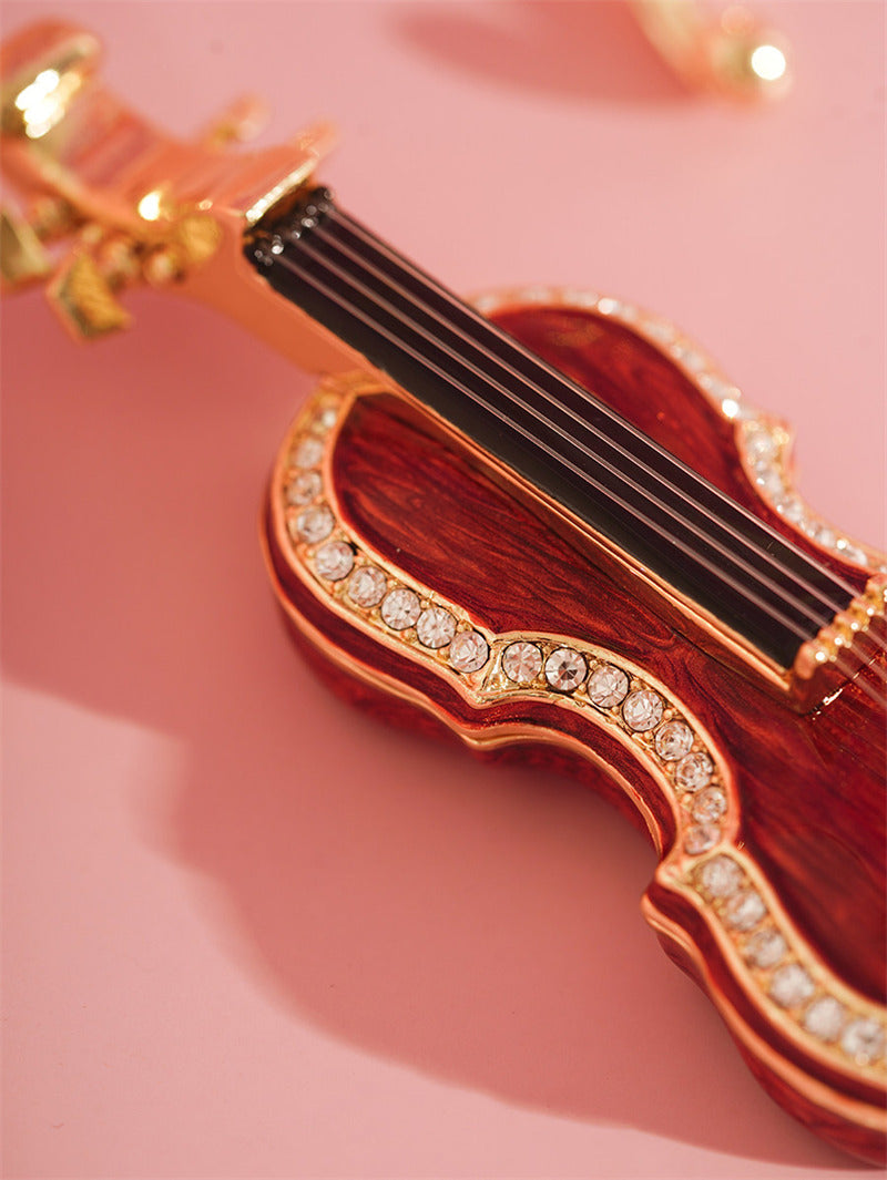Mini Violin-Shaped Enamel Jewelry Box - Crystal-Embellished Trinket Box for Rings, Necklaces & Small Accessories