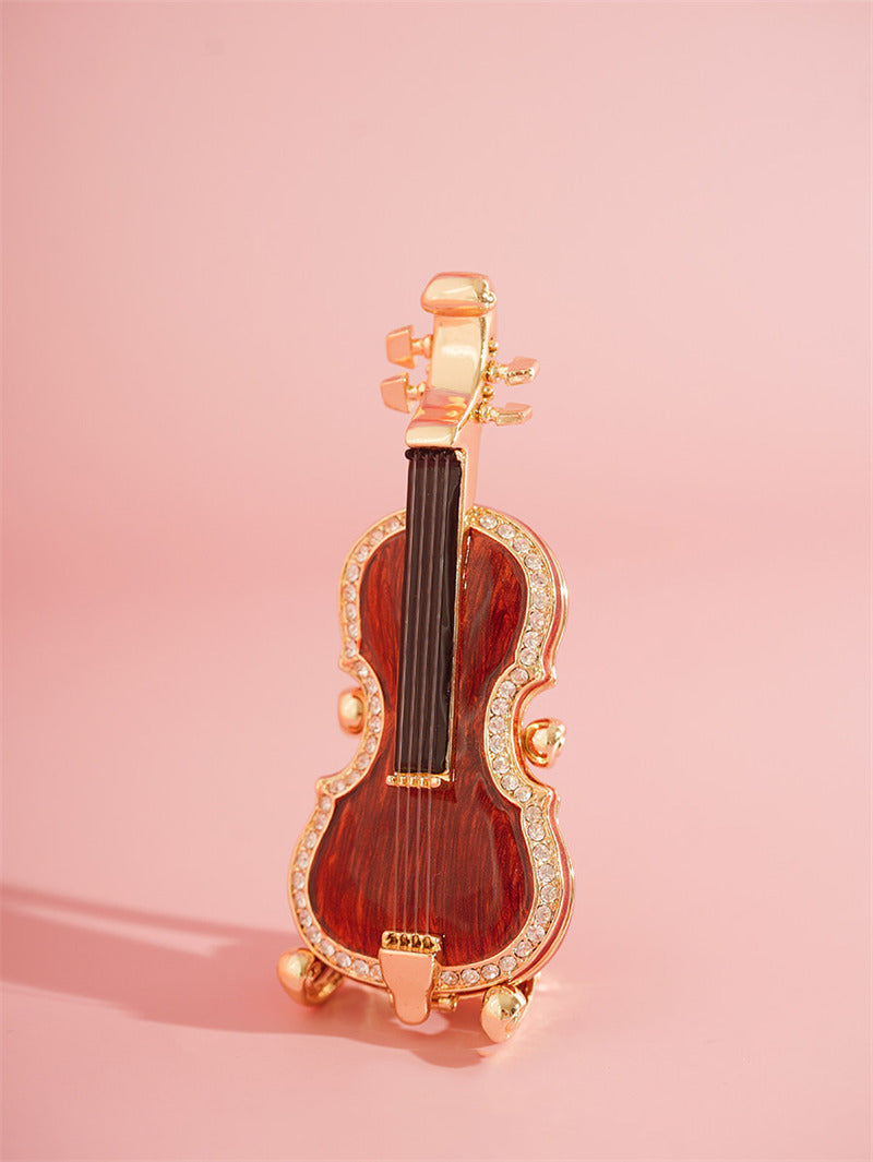 Mini Violin-Shaped Enamel Jewelry Box - Crystal-Embellished Trinket Box for Rings, Necklaces & Small Accessories