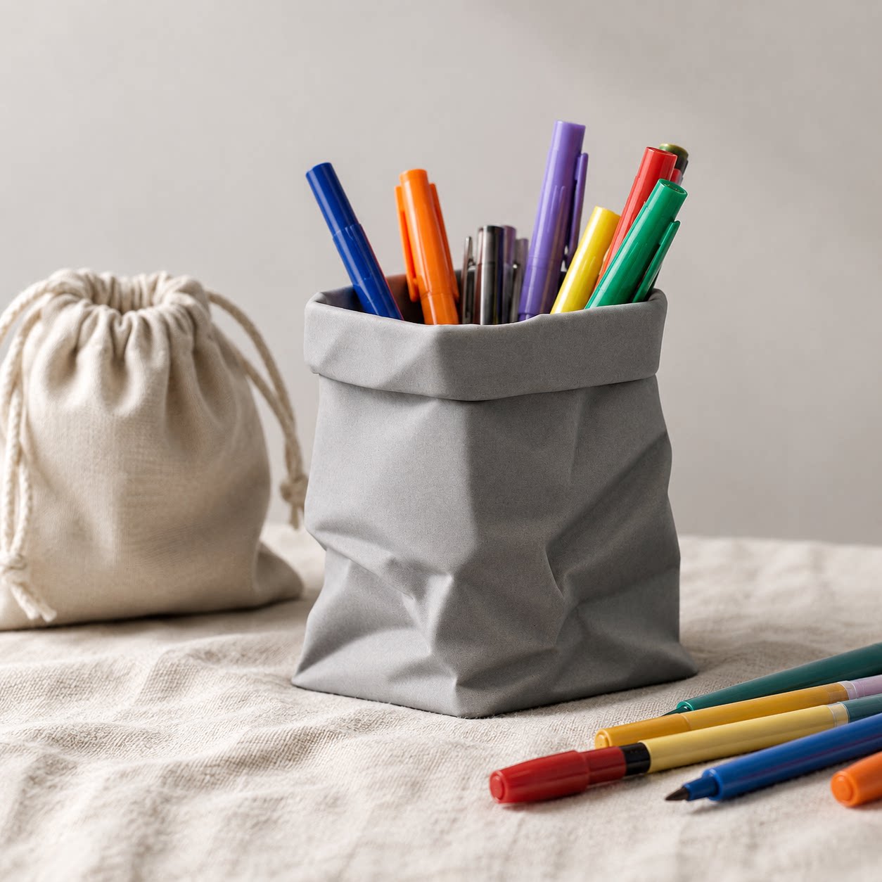 Minimalist Crinkled Paper Bag Shaped Concrete Pen Holder,  Multi-Purpose Makeup Brush Organizer Small Flower Vase, Modern Aesthetic Desk Decor for Office Bedroom Vanity