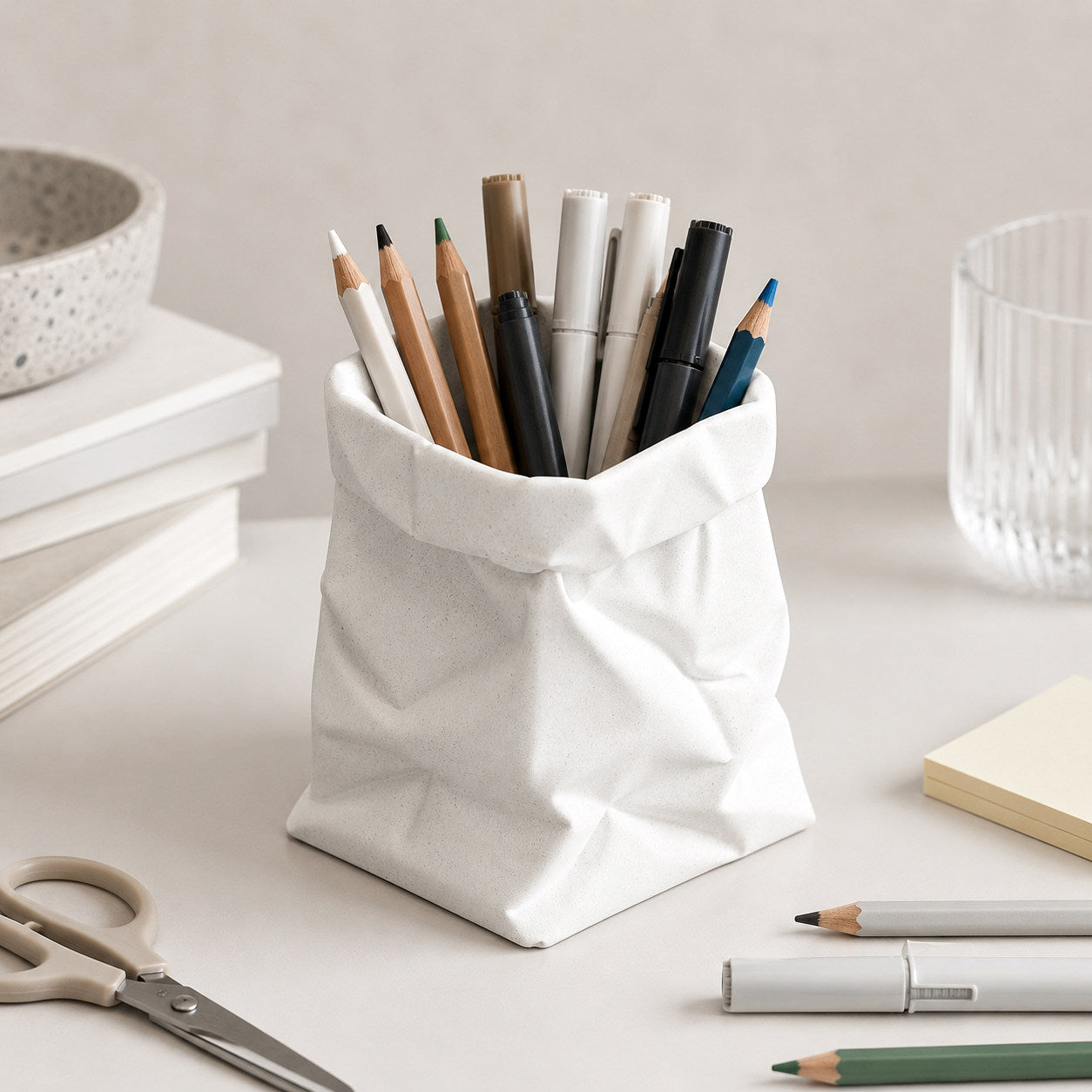 Minimalist Crinkled Paper Bag Shaped Concrete Pen Holder,  Multi-Purpose Makeup Brush Organizer Small Flower Vase, Modern Aesthetic Desk Decor for Office Bedroom Vanity