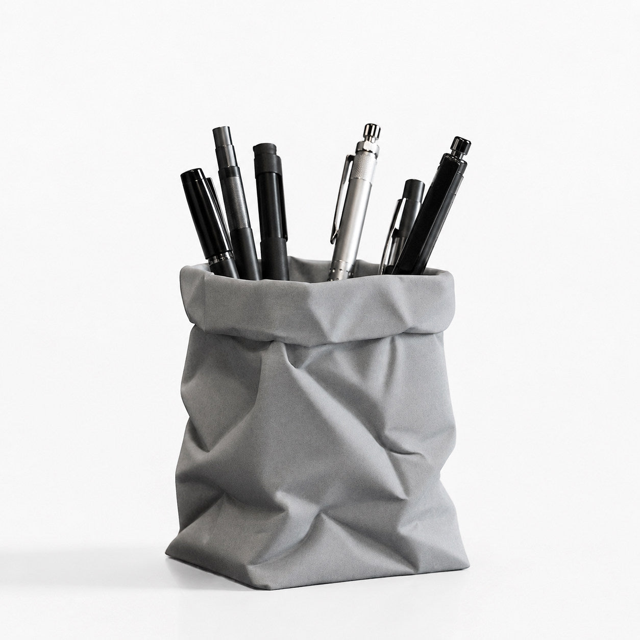 Minimalist Crinkled Paper Bag Shaped Concrete Pen Holder,  Multi-Purpose Makeup Brush Organizer Small Flower Vase, Modern Aesthetic Desk Decor for Office Bedroom Vanity