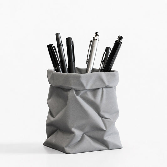 Minimalist Crinkled Paper Bag Shaped Concrete Pen Holder,  Multi-Purpose Makeup Brush Organizer Small Flower Vase, Modern Aesthetic Desk Decor for Office Bedroom Vanity