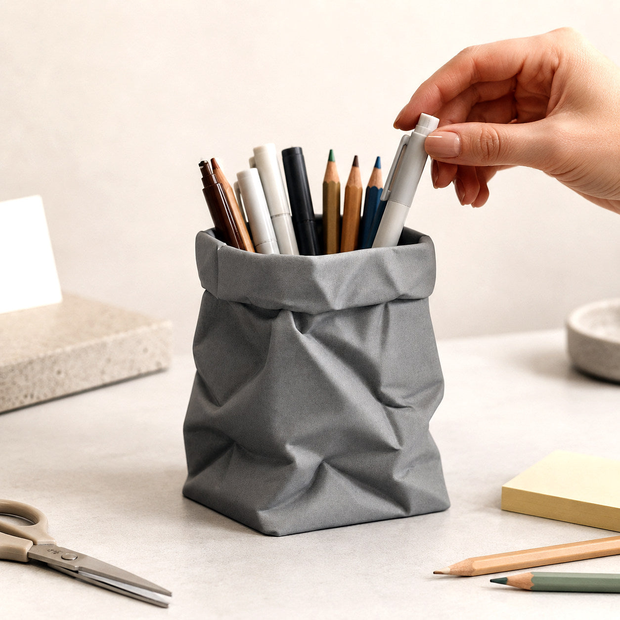 Minimalist Crinkled Paper Bag Shaped Concrete Pen Holder,  Multi-Purpose Makeup Brush Organizer Small Flower Vase, Modern Aesthetic Desk Decor for Office Bedroom Vanity