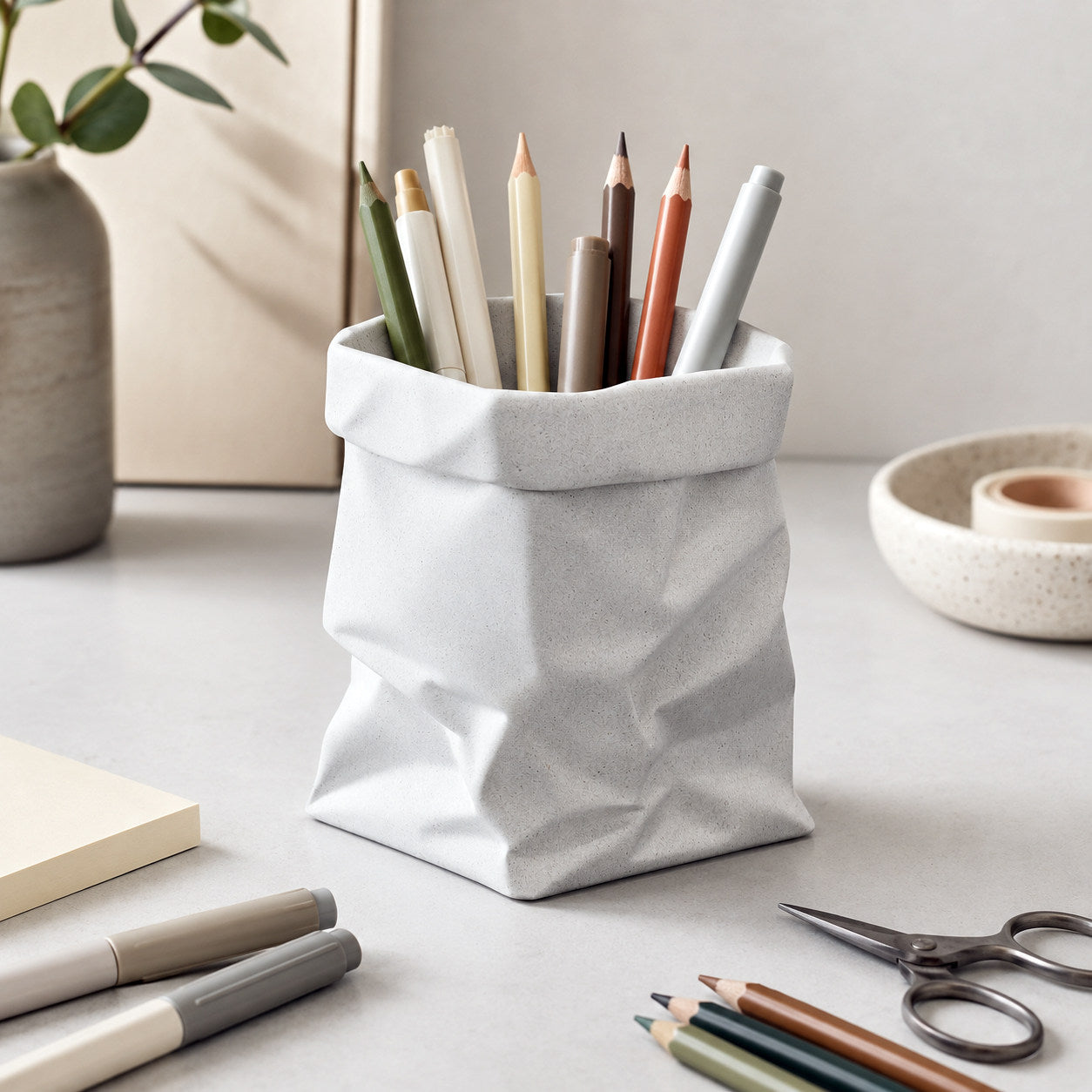 Minimalist Crinkled Paper Bag Shaped Concrete Pen Holder,  Multi-Purpose Makeup Brush Organizer Small Flower Vase, Modern Aesthetic Desk Decor for Office Bedroom Vanity