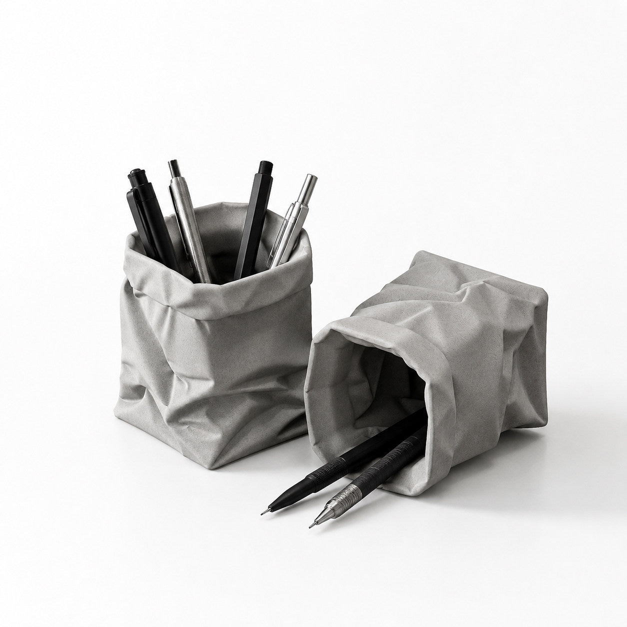 Minimalist Crinkled Paper Bag Shaped Concrete Pen Holder,  Multi-Purpose Makeup Brush Organizer Small Flower Vase, Modern Aesthetic Desk Decor for Office Bedroom Vanity