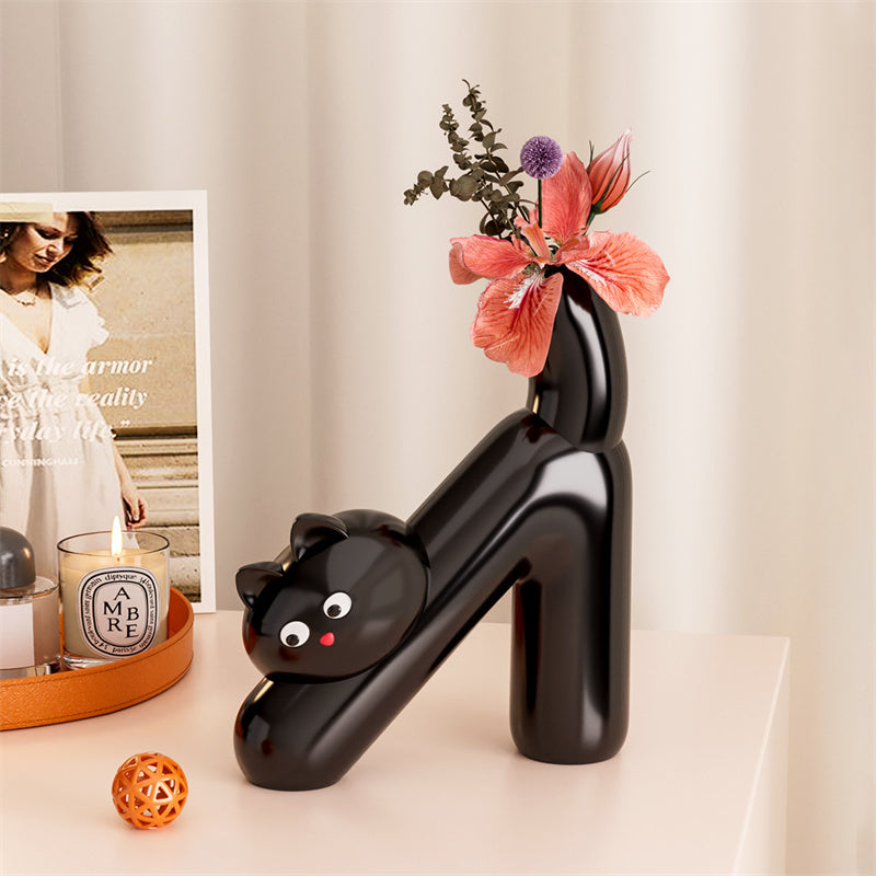 Minimalist Glossy Ceramic Cute Cat Flower Vase, Cartoon Kitten Tabletop Decorative Floral Vessel for Dried Artificial Flowers, for Bedroom Living Room Office, Unique Cat Lover Decor Gift