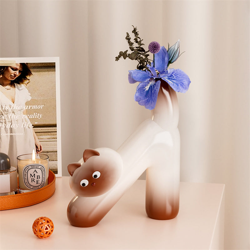 Minimalist Glossy Ceramic Cute Cat Flower Vase, Cartoon Kitten Tabletop Decorative Floral Vessel for Dried Artificial Flowers, for Bedroom Living Room Office, Unique Cat Lover Decor Gift