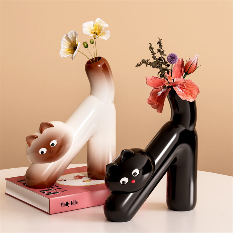Minimalist Glossy Ceramic Cute Cat Flower Vase, Cartoon Kitten Tabletop Decorative Floral Vessel for Dried Artificial Flowers, for Bedroom Living Room Office, Unique Cat Lover Decor Gift