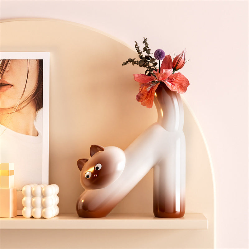 Minimalist Glossy Ceramic Cute Cat Flower Vase, Cartoon Kitten Tabletop Decorative Floral Vessel for Dried Artificial Flowers, for Bedroom Living Room Office, Unique Cat Lover Decor Gift