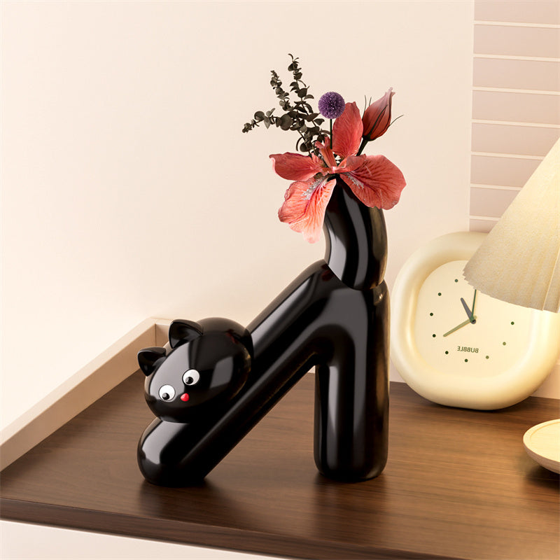 Minimalist Glossy Ceramic Cute Cat Flower Vase, Cartoon Kitten Tabletop Decorative Floral Vessel for Dried Artificial Flowers, for Bedroom Living Room Office, Unique Cat Lover Decor Gift