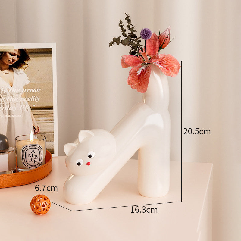 Minimalist Glossy Ceramic Cute Cat Flower Vase, Cartoon Kitten Tabletop Decorative Floral Vessel for Dried Artificial Flowers, for Bedroom Living Room Office, Unique Cat Lover Decor Gift