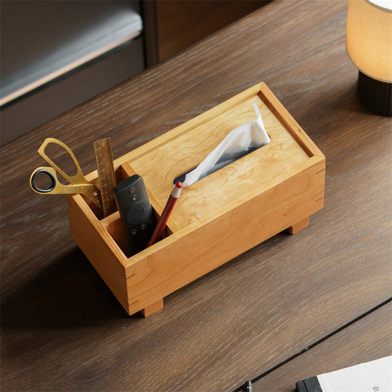 Minimalist Natural Solid Wood Tissue Box &Organizer, Desktop Storage Caddy with Multi Compartments for Facial Tissues, Pens, Scissors, TV Remote Controls, Decorative