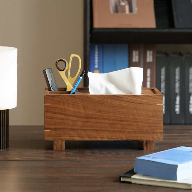 Minimalist Natural Solid Wood Tissue Box &Organizer, Desktop Storage Caddy with Multi Compartments for Facial Tissues, Pens, Scissors, TV Remote Controls, Decorative