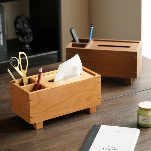 Minimalist Natural Solid Wood Tissue Box &Organizer, Desktop Storage Caddy with Multi Compartments for Facial Tissues, Pens, Scissors, TV Remote Controls, Decorative