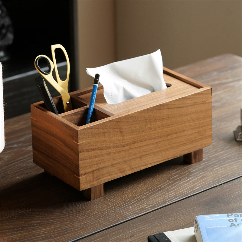 Minimalist Natural Solid Wood Tissue Box &Organizer, Desktop Storage Caddy with Multi Compartments for Facial Tissues, Pens, Scissors, TV Remote Controls, Decorative