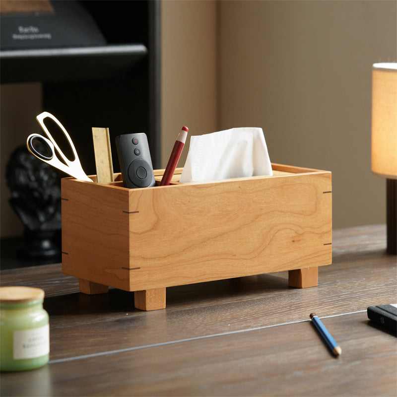 Minimalist Natural Solid Wood Tissue Box &Organizer, Desktop Storage Caddy with Multi Compartments for Facial Tissues, Pens, Scissors, TV Remote Controls, Decorative