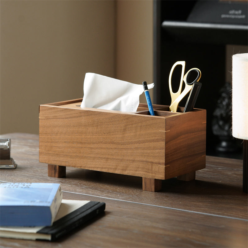 Minimalist Natural Solid Wood Tissue Box &Organizer, Desktop Storage Caddy with Multi Compartments for Facial Tissues, Pens, Scissors, TV Remote Controls, Decorative