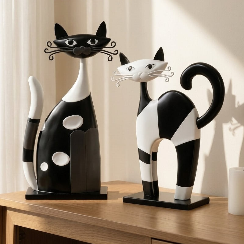 Minimalist Nordic Abstract black and white art cat sculpture ornament - Whimsical  Figurine for Shelf & Desktop Decor