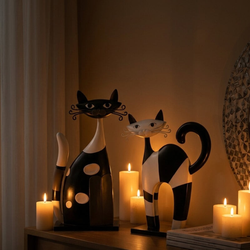 Minimalist Nordic Abstract black and white art cat sculpture ornament - Whimsical  Figurine for Shelf & Desktop Decor