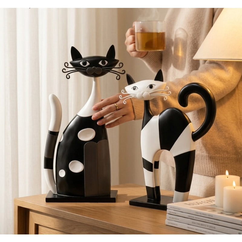 Minimalist Nordic Abstract black and white art cat sculpture ornament - Whimsical  Figurine for Shelf & Desktop Decor