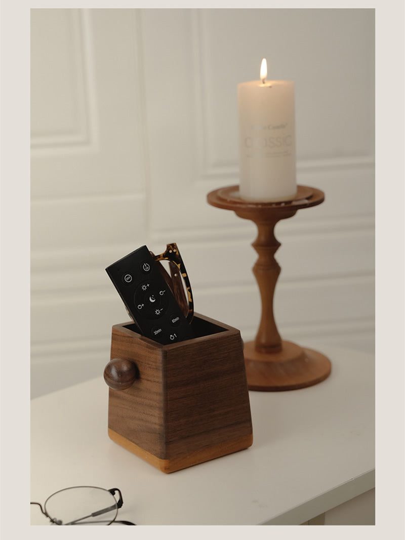 Minimalist Square Walnut Pen Holder - Sleek Desk Organizer for Pencils & Brushes