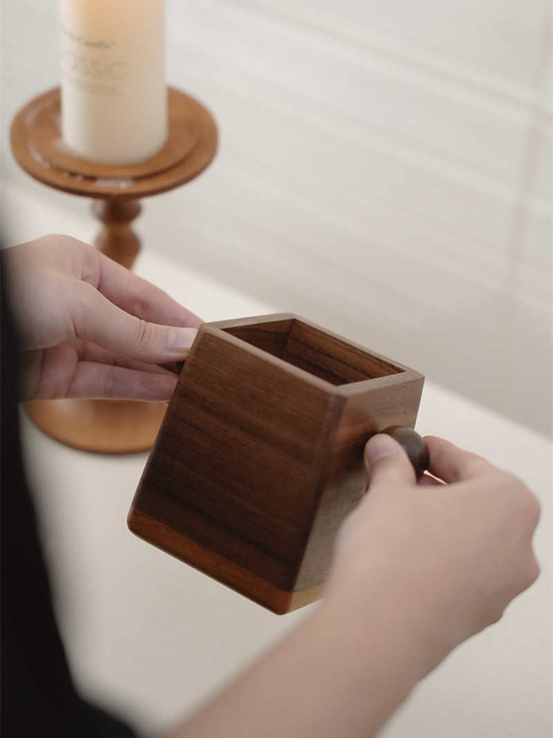 Minimalist Square Walnut Pen Holder - Sleek Desk Organizer for Pencils & Brushes