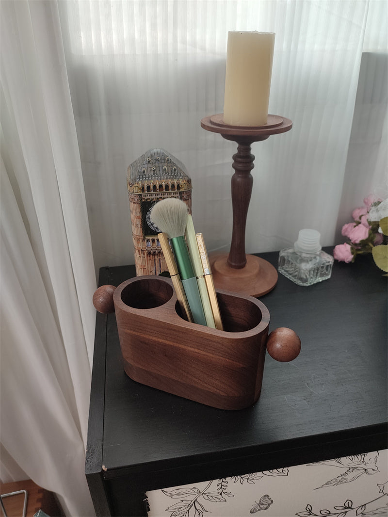 Minimalist Walnut Pen Holder & Desk Organizer - Dual-Slot Wooden Storage Box for Office & Home