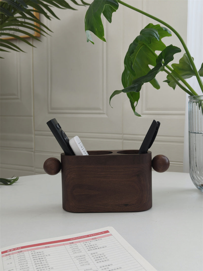 Minimalist Walnut Pen Holder & Desk Organizer - Dual-Slot Wooden Storage Box for Office & Home