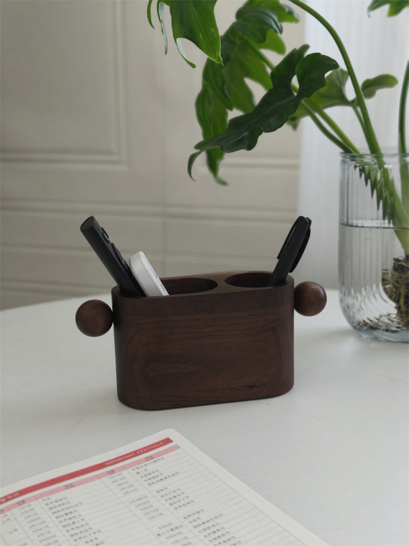 Minimalist Walnut Pen Holder & Desk Organizer - Dual-Slot Wooden Storage Box for Office & Home