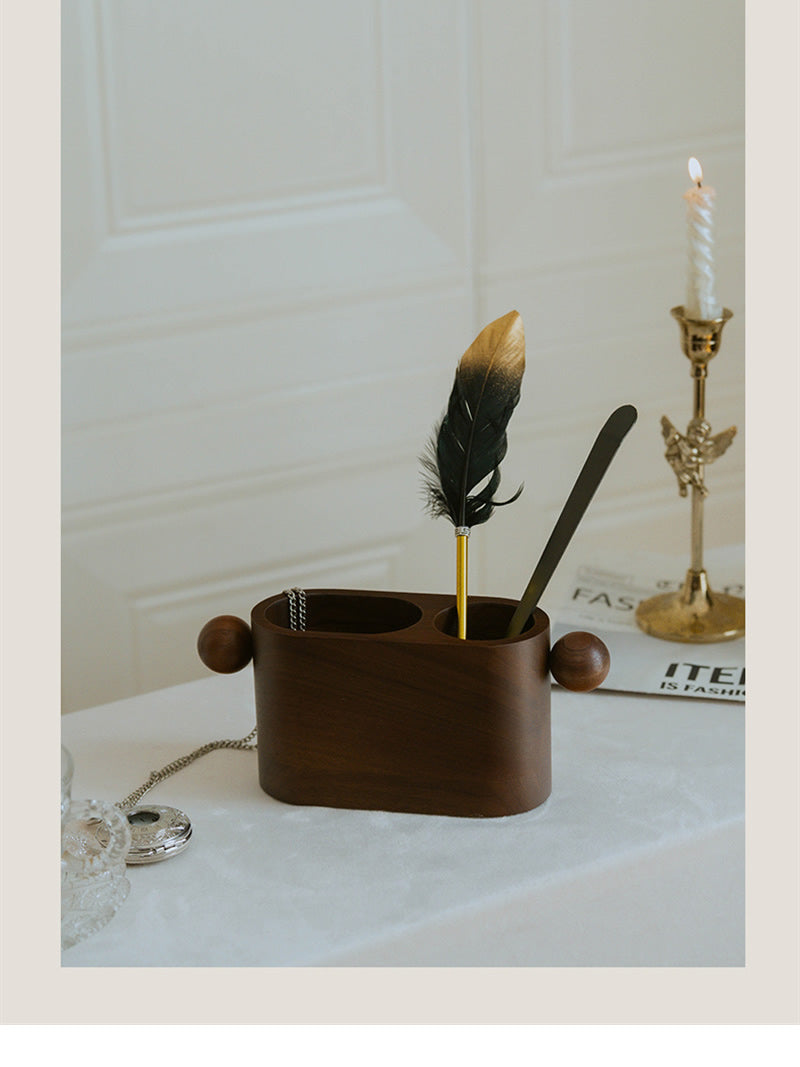 Minimalist Walnut Pen Holder & Desk Organizer - Dual-Slot Wooden Storage Box for Office & Home