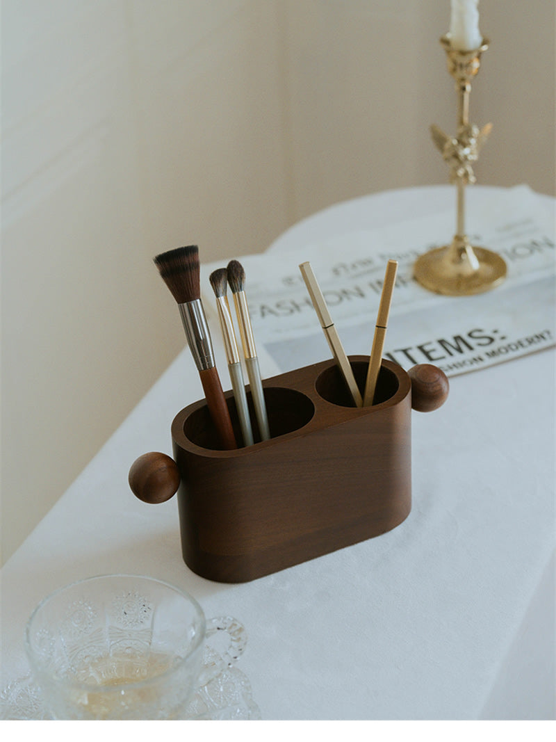 Minimalist Walnut Pen Holder & Desk Organizer - Dual-Slot Wooden Storage Box for Office & Home