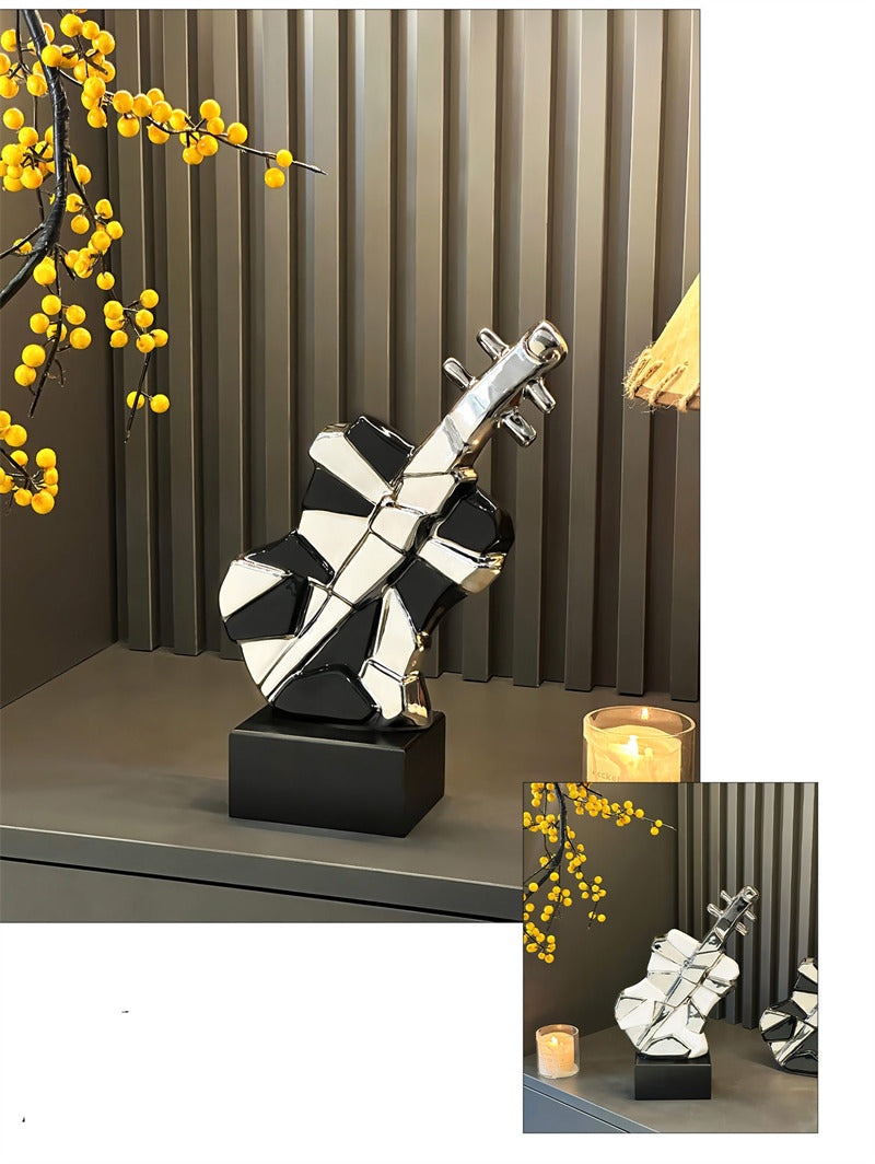 Modern Abstract Guitar Sculpture - Ceramic Decorative Statue with Geometric Panels & Silver Accents for Home Decor