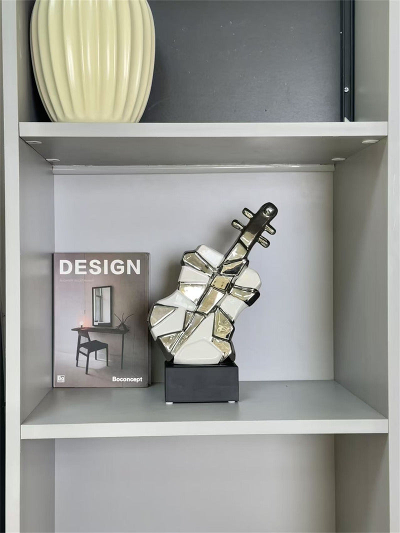 Modern Abstract Guitar Sculpture - Ceramic Decorative Statue with Geometric Panels & Silver Accents for Home Decor