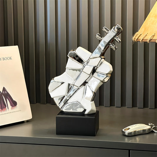 Modern Abstract Guitar Sculpture - Ceramic Decorative Statue with Geometric Panels & Silver Accents for Home Decor
