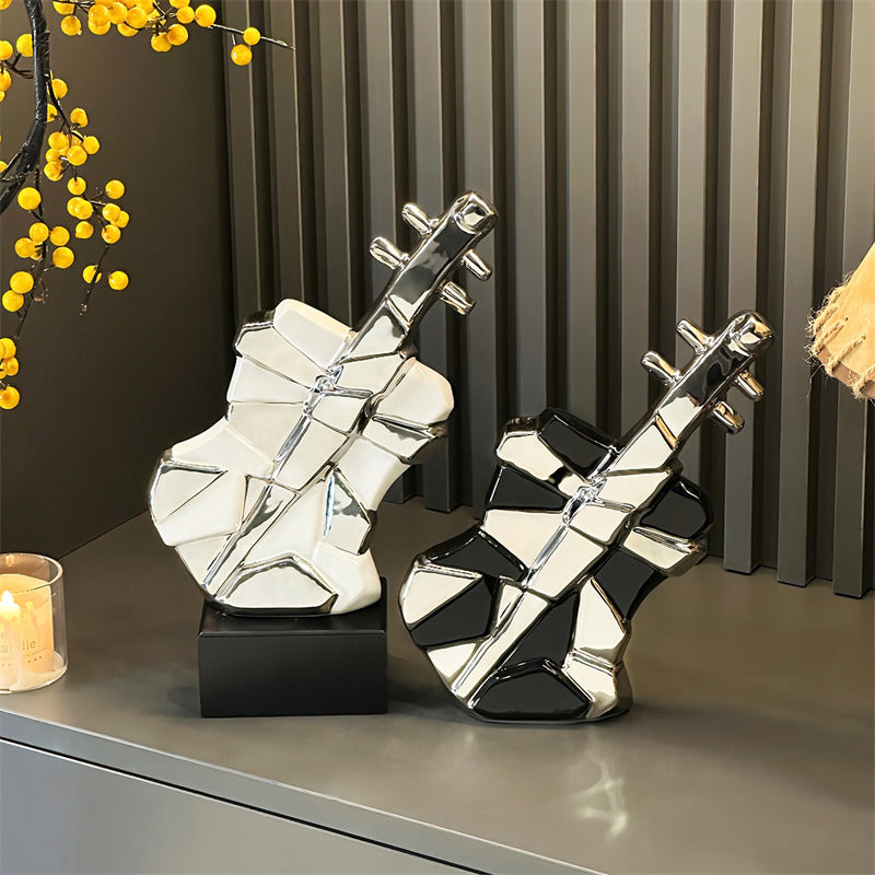 Modern Abstract Guitar Sculpture - Ceramic Decorative Statue with Geometric Panels & Silver Accents for Home Decor