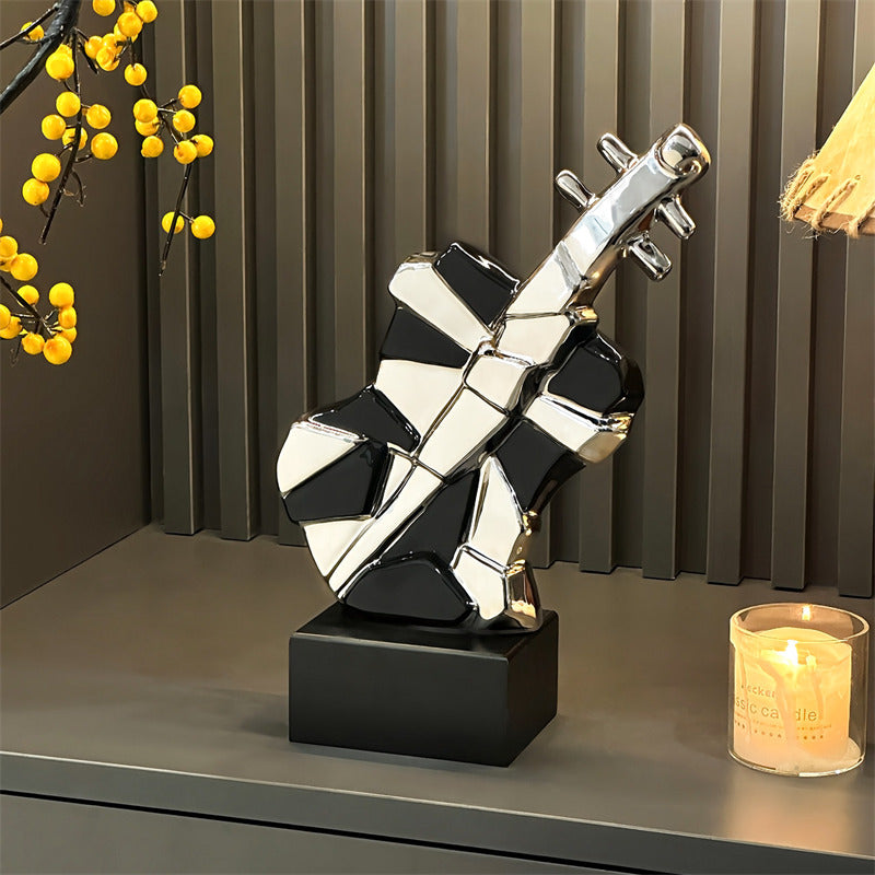 Modern Abstract Guitar Sculpture - Ceramic Decorative Statue with Geometric Panels & Silver Accents for Home Decor