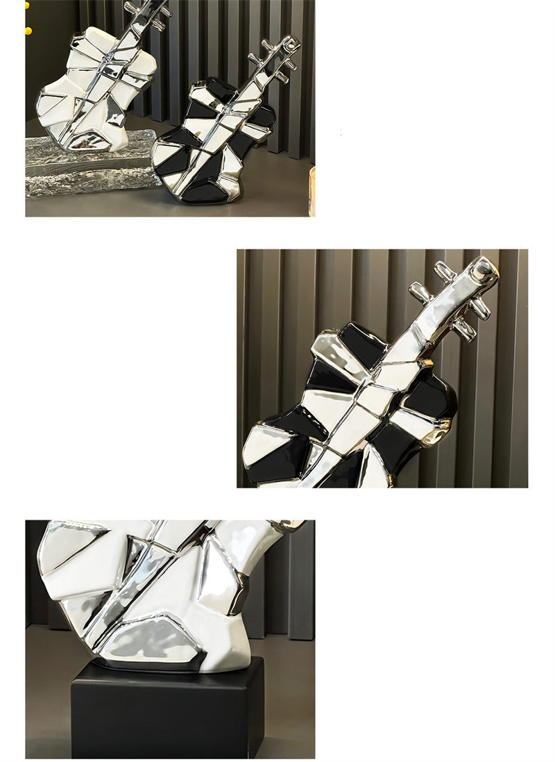 Modern Abstract Guitar Sculpture - Ceramic Decorative Statue with Geometric Panels & Silver Accents for Home Decor