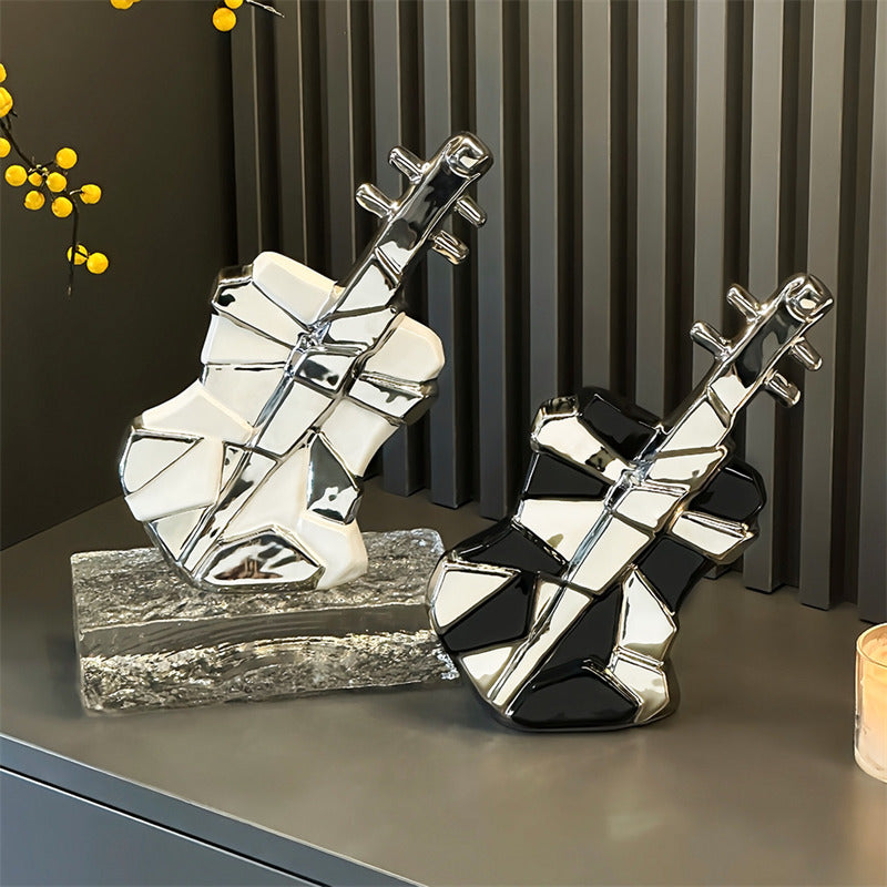Modern Abstract Guitar Sculpture - Ceramic Decorative Statue with Geometric Panels & Silver Accents for Home Decor