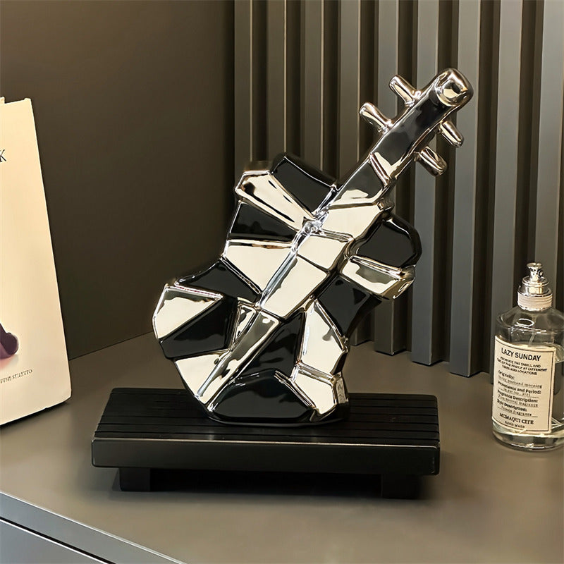 Modern Abstract Guitar Sculpture - Ceramic Decorative Statue with Geometric Panels & Silver Accents for Home Decor
