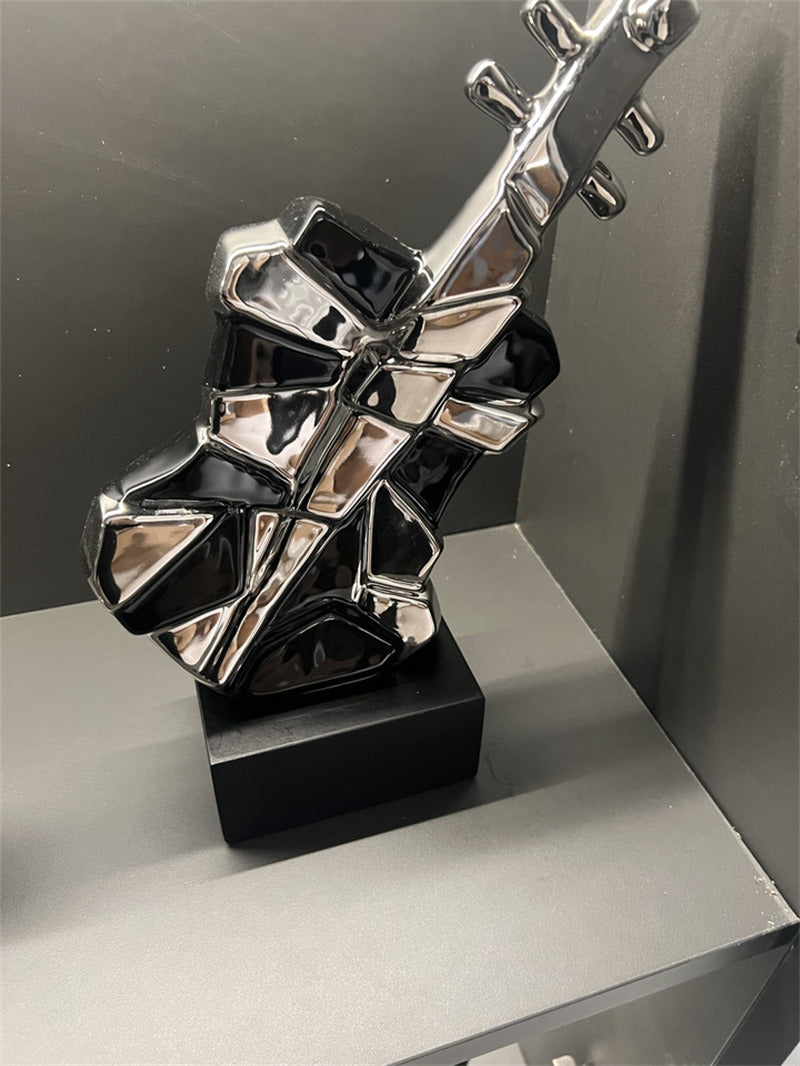 Modern Abstract Guitar Sculpture - Ceramic Decorative Statue with Geometric Panels & Silver Accents for Home Decor