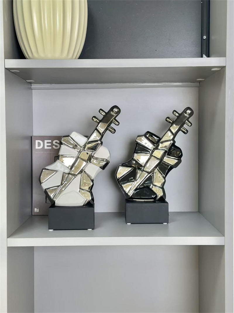 Modern Abstract Guitar Sculpture - Ceramic Decorative Statue with Geometric Panels & Silver Accents for Home Decor