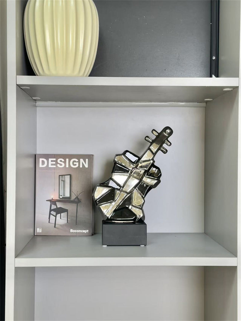 Modern Abstract Guitar Sculpture - Ceramic Decorative Statue with Geometric Panels & Silver Accents for Home Decor