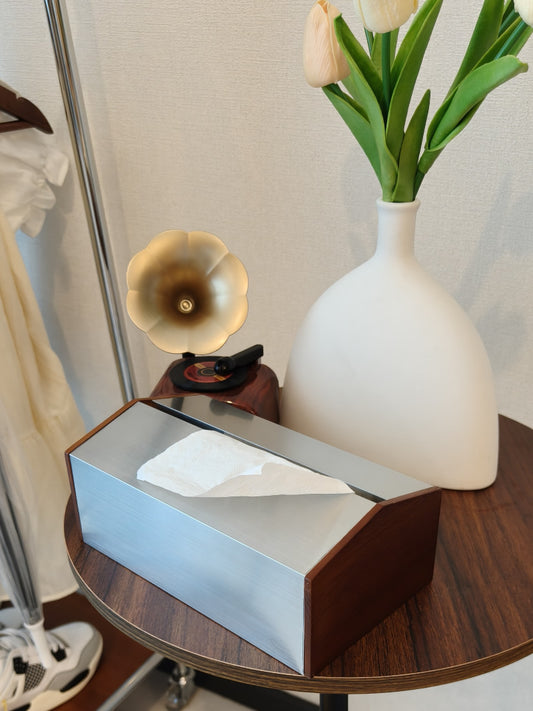Modern Geometric Tissue Box - Stainless Steel & Wood Art Deco Home Organizer